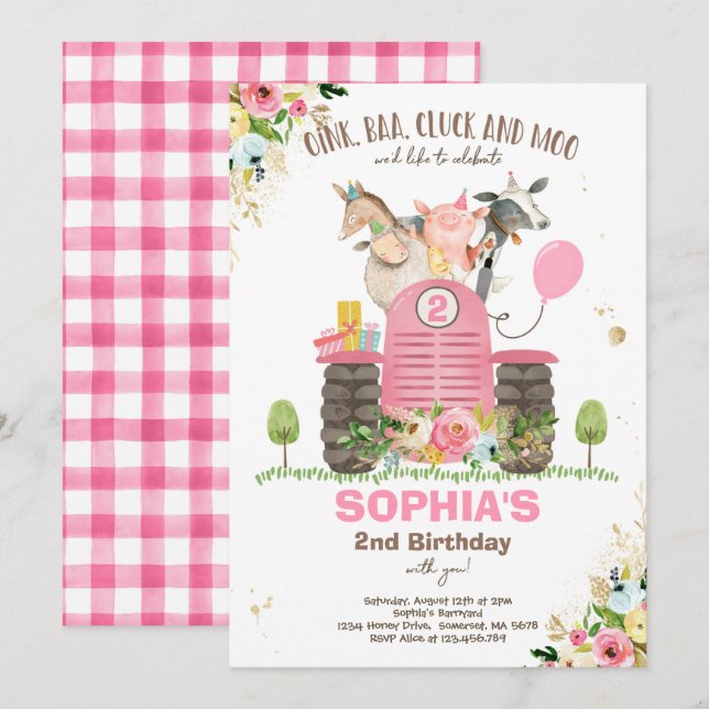 Farm Birthday Pink Old MacDonald Barnyard Party Invitation (Front/Back)