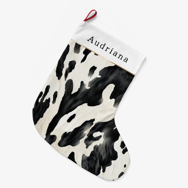 Farm Black Cream Cow Print Christmas Large Christmas Stocking (Front (Hanging))
