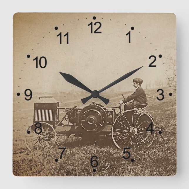 Farm Boy & Antique Tractor Brown Square Wall Clock (Front)