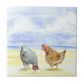 FARM CHICKEN TILE, LOVELY HENS EATING CERAMIC TILE