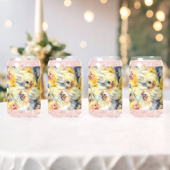 Farm Chickens. Watercolor Chicken Can Glass (Insitu (Wedding))