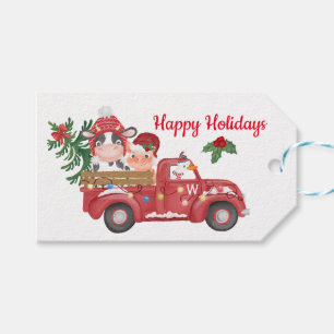 Farm Christmas Red vintage truck, cute animas  Gift Tags
