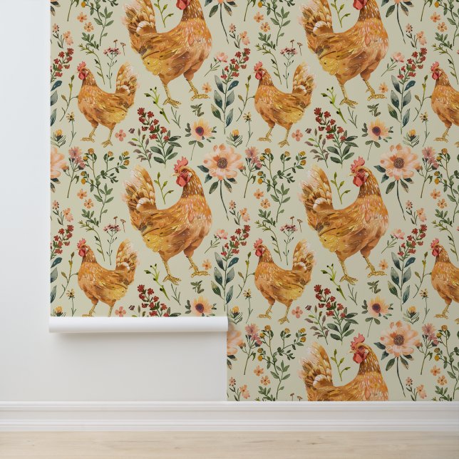 Farm Country Large Hen Floral Wallpaper (Application)