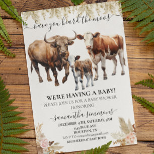Farm Cow Calf Baby Shower Boho Watercolor Invitation