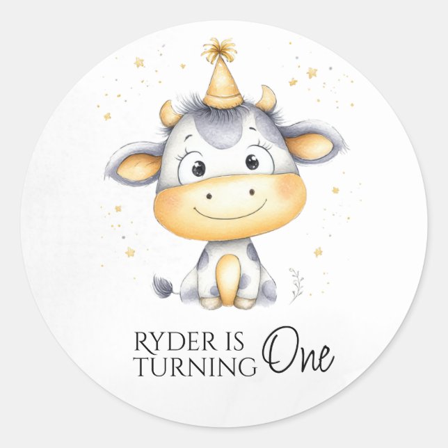 Farm Cow First Birthday Round Favour Stickers (Front)