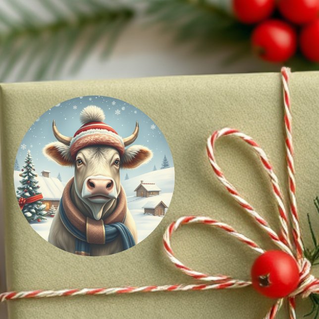 Farm Cow in Preppy Winter Attire and Hat Winter Classic Round Sticker (Creator Uploaded)