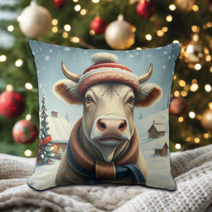 Farm Cow in Preppy Winter Attire and Hat Winter Cushion