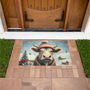Farm Cow in Preppy Winter Attire and Hat Winter Doormat