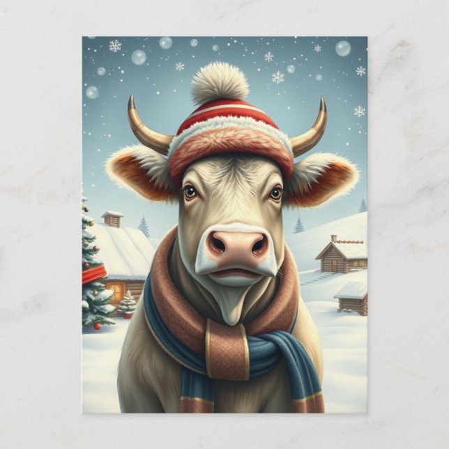 Farm Cow in Preppy Winter Attire and Hat Winter Holiday Postcard (Front)
