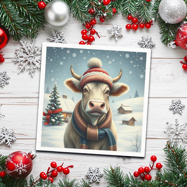 Farm Cow in Preppy Winter Attire and Hat Winter Napkin (Creator Uploaded)