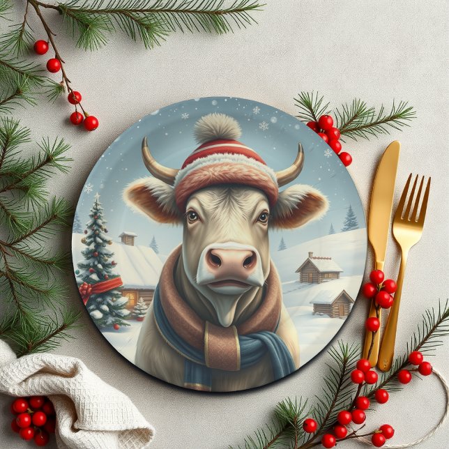 Farm Cow in Preppy Winter Attire and Hat Winter Paper Plate (Creator Uploaded)