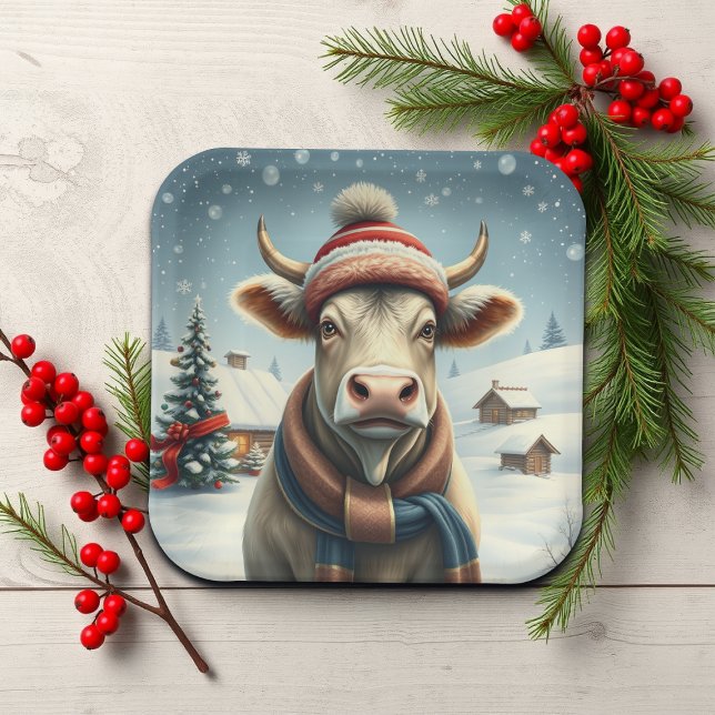 Farm Cow in Preppy Winter Attire and Hat Winter Paper Plate (Creator Uploaded)