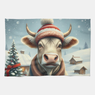 Farm Cow in Preppy Winter Attire and Hat Winter Tea Towel