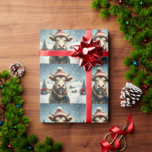 Farm Cow in Preppy Winter Attire and Hat Winter Wrapping Paper