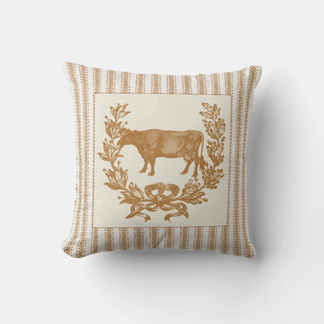 Farm Cow with Wreath on Brown Ticking Cushion (Front)