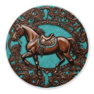 Farm Cowboy Western Country Turquoise Brown Horse Ceramic Knob