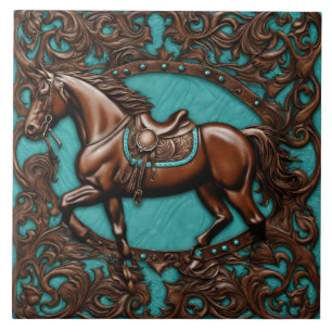 Farm Cowboy Western Country Turquoise Brown Horse Ceramic Tile