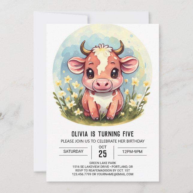 Farm Cute Modern Cow Birthday Invitation (Front)