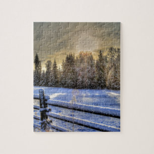 Farm Field in Winter Snow at Sunrise Jigsaw Puzzle