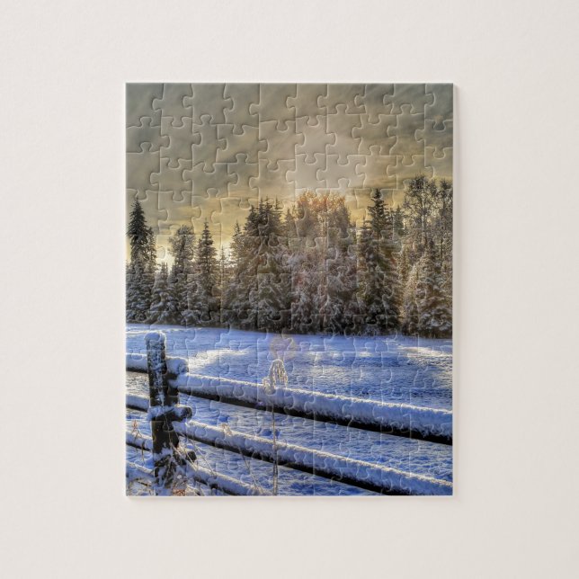 Farm Field in Winter Snow at Sunrise Jigsaw Puzzle (Vertical)