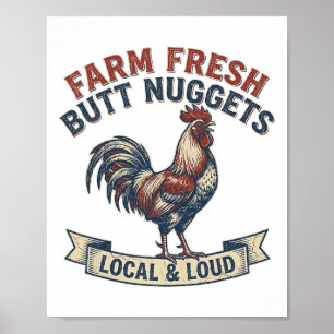 Farm Fresh Butt Nuggets Rooster Funny Retro Chicke Poster