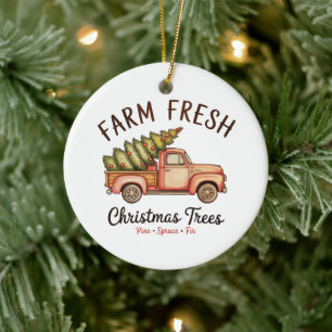 Farm Fresh Christmas Tree Pink Truck Xmas Vintage Ceramic Ornament