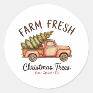 Farm Fresh Christmas Tree Pink Truck Xmas Vintage Classic Round Sticker