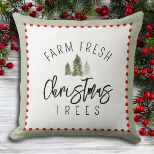 Farm Fresh Christmas Trees Green Red Watercolor Cushion