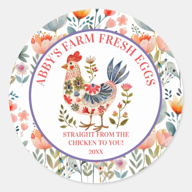 Farm Fresh Eggs Folk Art Chicken Classic Round Sticker (Front)