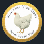Farm Fresh Eggs Vintage Hen Modern Egg Carton Gold Classic Round Sticker<br><div class="desc">Rustic and simple egg carton labels with the text fresh farm eggs and your business name in off-black modern typography on a classic gold background and a stylish vintage chicken print. Simply add your homestead name to the label. Exclusively designed for you by Happy Dolphin Studio. If you need any...</div>
