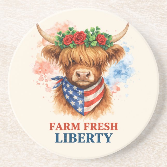 Farm Fresh Liberty Highland Cow Patriotic USA Art Coaster (Front)