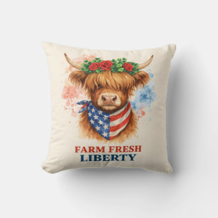 Farm Fresh Liberty Highland Cow Patriotic USA Art Cushion