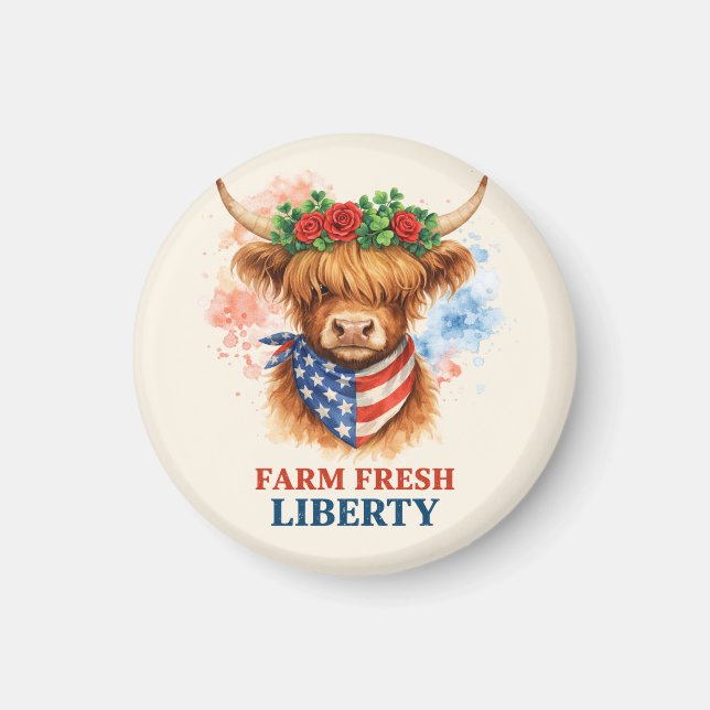 Farm Fresh Liberty Highland Cow Patriotic USA Art Magnet