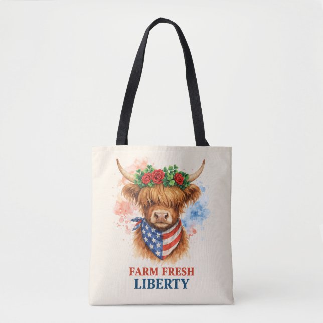 Farm Fresh Liberty Highland Cow Patriotic USA Art Tote Bag (Front)