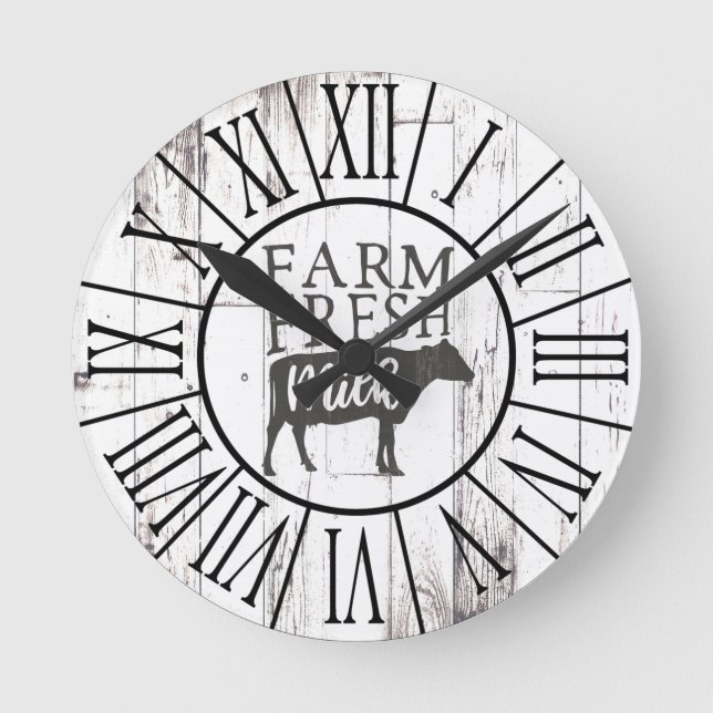Farm Fresh Milk Cow White Wood Country Farmhouse Round Clock (Front)