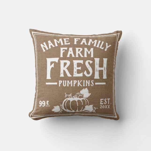 Farm Fresh Pumpkins Faux Burlap Throw Pillow (Front)