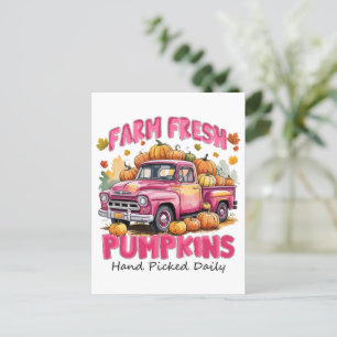 Farm Fresh Pumpkins – Pink Truck Autumn Harvest Postcard