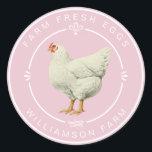 Farm Fresh Vintage Hen Eggs Carton Pink Classic Round Sticker<br><div class="desc">Rustic and simple egg carton labels with the text fresh farm eggs and your business name in white modern typography on a parfait pink background, a stylish vintage hen print and pretty decorative elements. Simply add your homestead name to the label. Exclusively designed for you by Happy Dolphin Studio. If...</div>