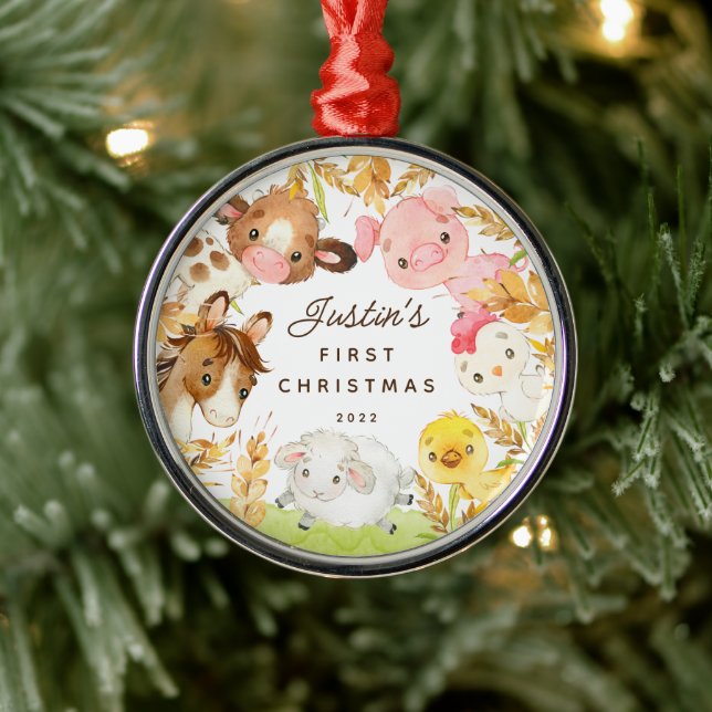 Farm Friends Baby's First Christmas  Metal Ornament (Tree)