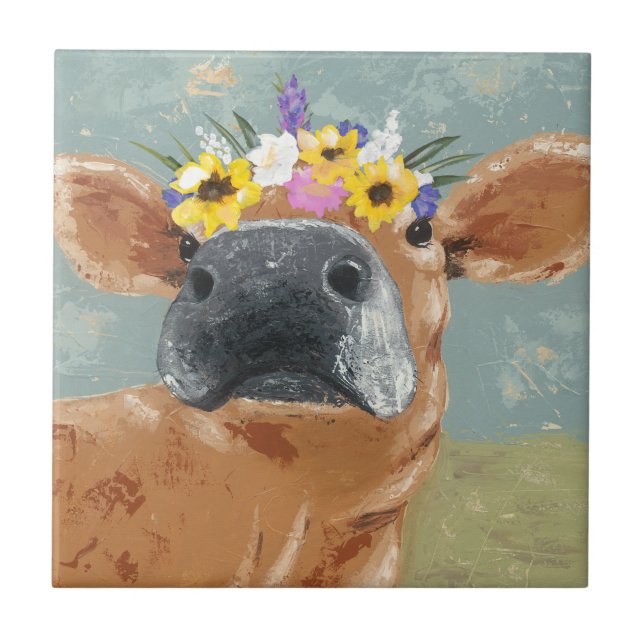 Farm Fun - Cow with Flower Crown Ceramic Tile (Front)