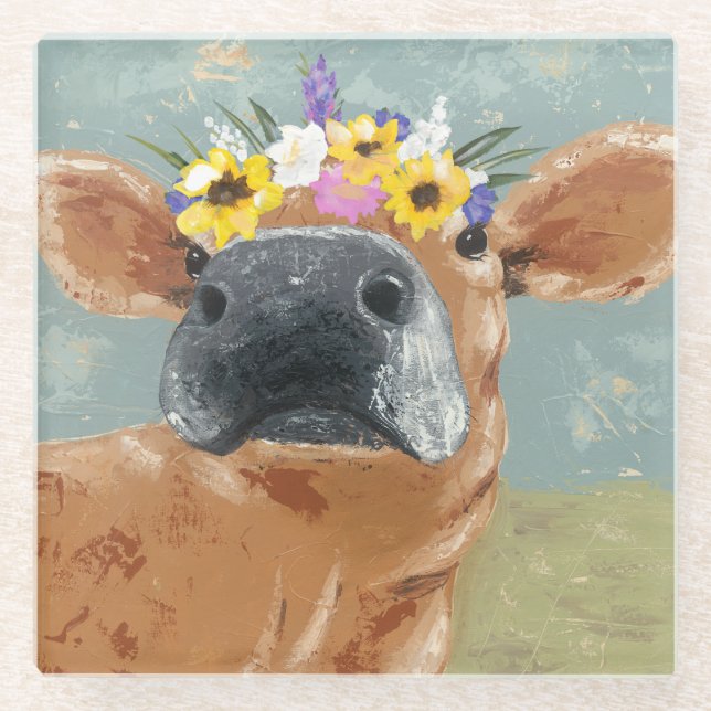 Farm Fun - Cow with Flower Crown Glass Coaster (Front)