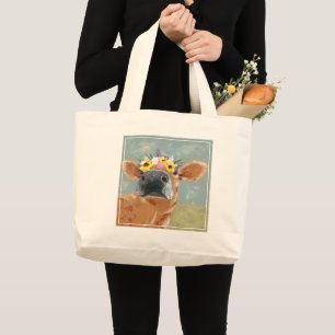 Farm Fun - Cow with Flower Crown Large Tote Bag