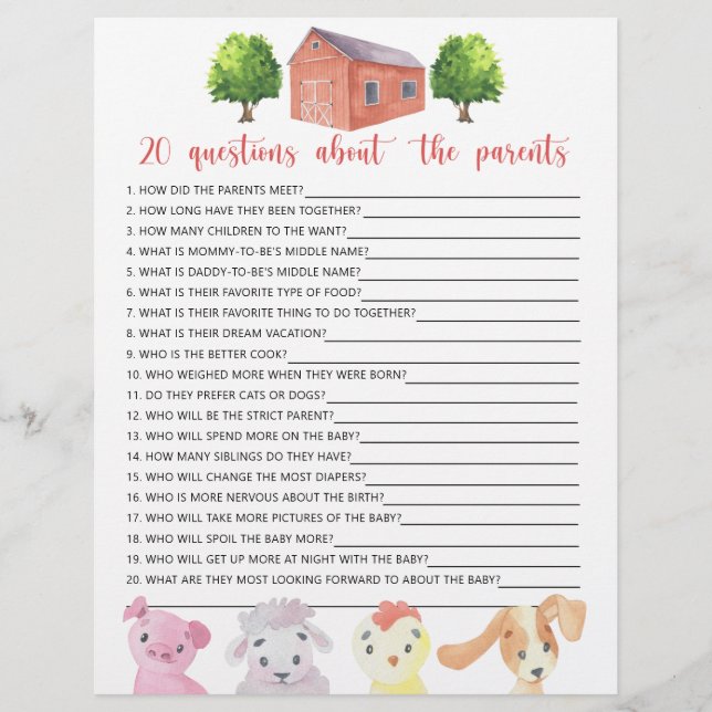 Farm - games - 20 questions about the parents (Front)