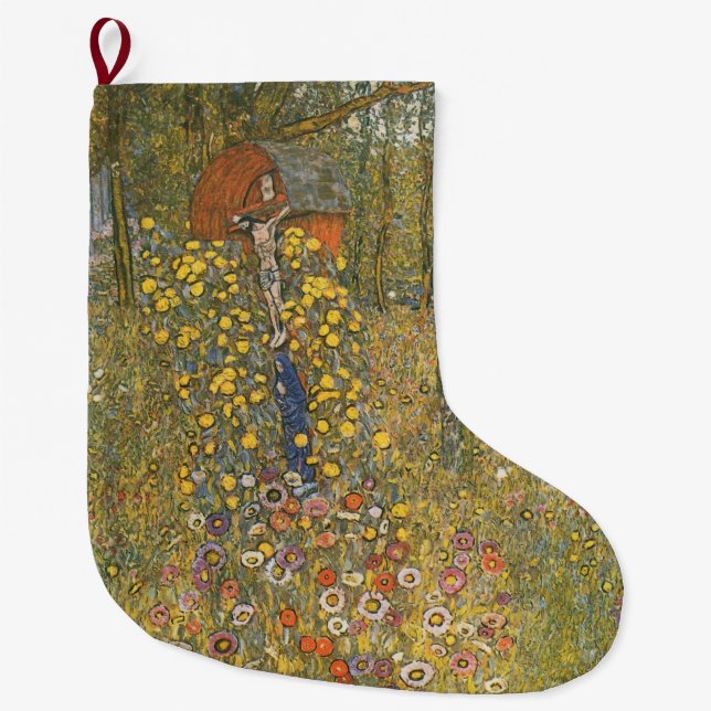 Farm Garden With Crucifix (by Gustav Klimt) Large Christmas Stocking (Front)