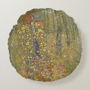 Farm Garden With Crucifix (by Gustav Klimt) Round Cushion
