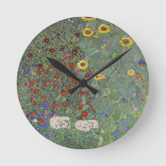 Farm Garden with Sunflowers by Gustav Klimt Round Clock