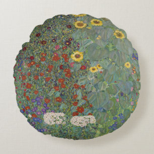 Farm Garden with Sunflowers by Gustav Klimt Round Cushion