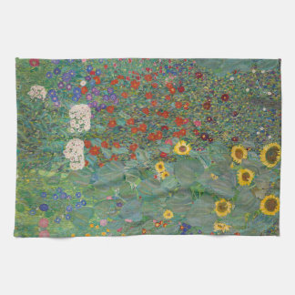 Farm Garden with Sunflowers by Gustav Klimt Tea Towel