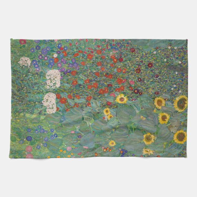 Farm Garden with Sunflowers by Gustav Klimt Tea Towel (Horizontal)