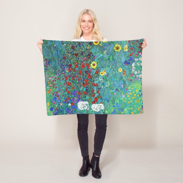 Farm Garden with Sunflowers, Gustav Klimt Fleece Blanket (In Situ)